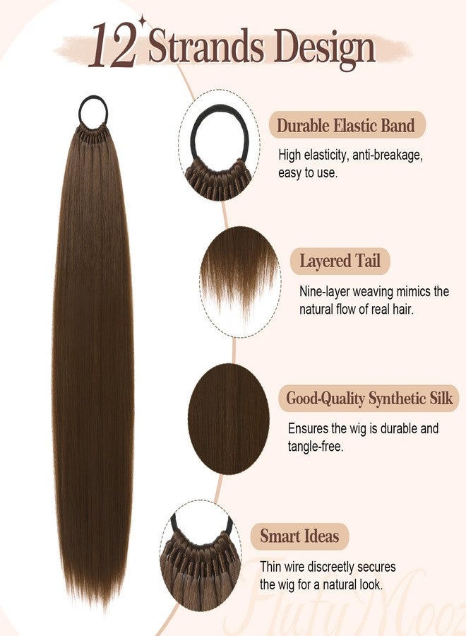 FLUFYMOOZ 28 Inch Ponytail Extension, Versatile Elastic Band Ponytail Extension for Women, Long Straight Synthetic Ponytail Daily Hair Chocolate Brown - Image 2